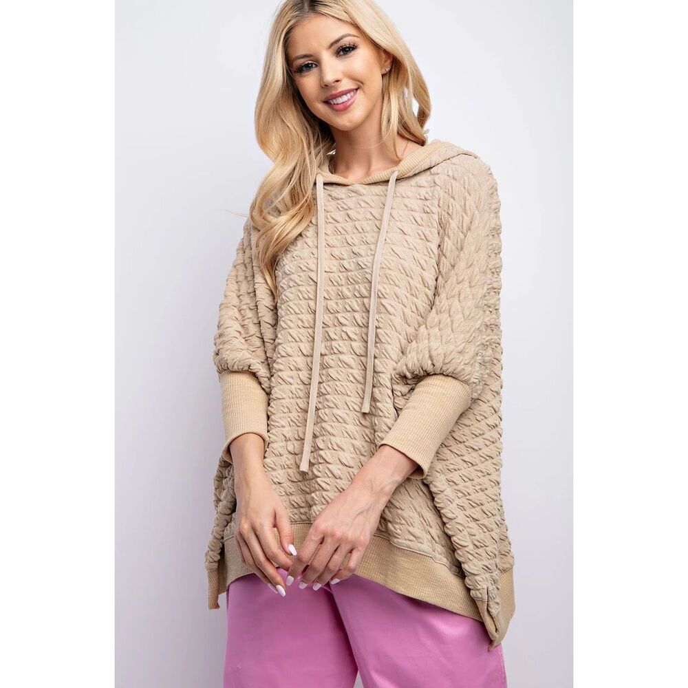 Easel Women's Puffed Textured Hacci Knit Hooded Pullover Top Khaki Large NWT